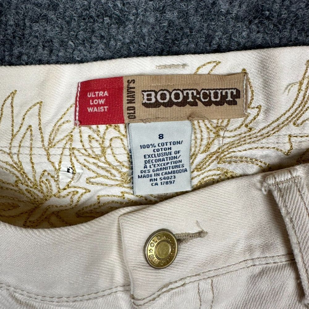 VTG Old Navy Jeans Womens 8 Ivory Denim Embroidered Y2K Ultra Low Waist Bootcut - Picture 9 of 15
